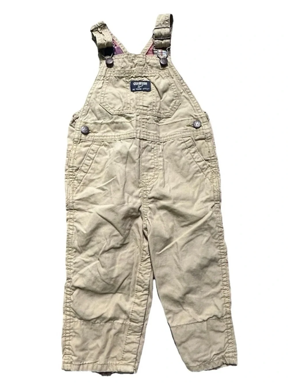 Toddler Boy Oshkosh B’gosh Khaki Overalls Plaid Cuffs Size 12-18 Months
